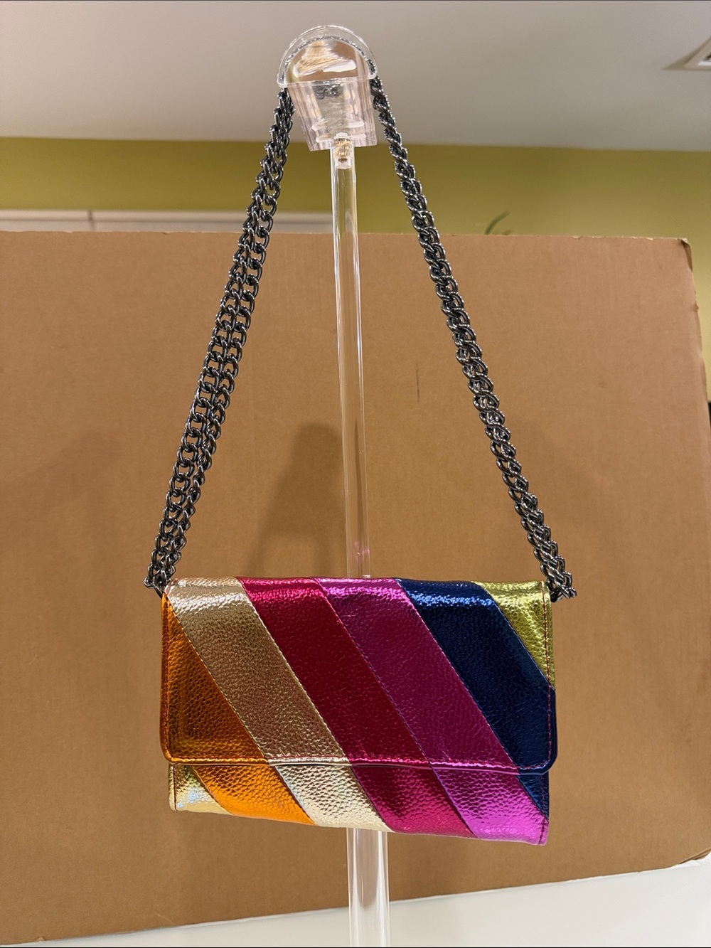 Metallic Multi-Color Striped Crossbody Bag with Chain Strap